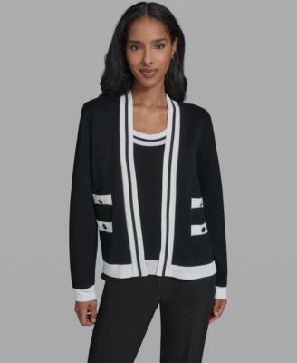 Women's Open-Front Long-Sleeve Knit Cardigan with Contrast Trim