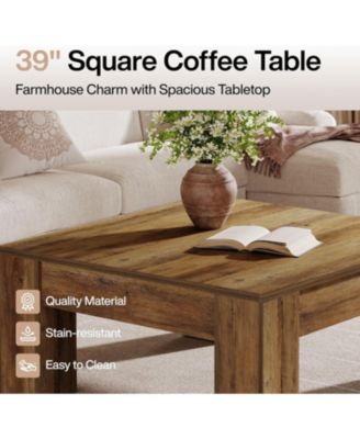 Square Coffee Table, 39-Inch Farmhouse Wooden Coffee Table with Sturdy Legs