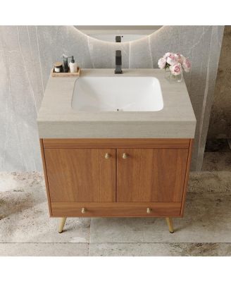30" Freestanding Bathroom Vanity with Faux Marble Top, Ceramic Sink, Soft Close Storage for Small Bathrooms