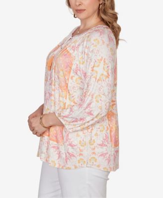 Plus Size Tapestry Print Drawstring Peasant Top