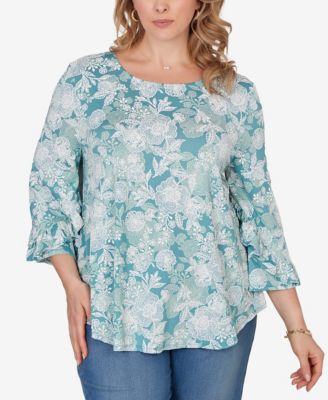 Plus Size Floral Puff Print Ruffle Knit Top