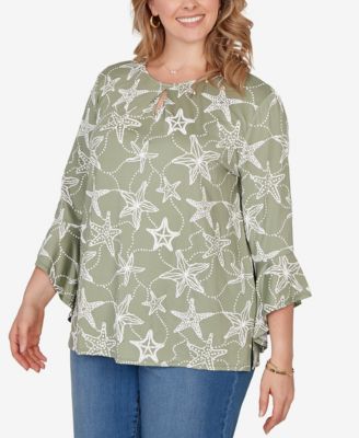 Plus Size Starfish Puff Print Flutter-Sleeve Top