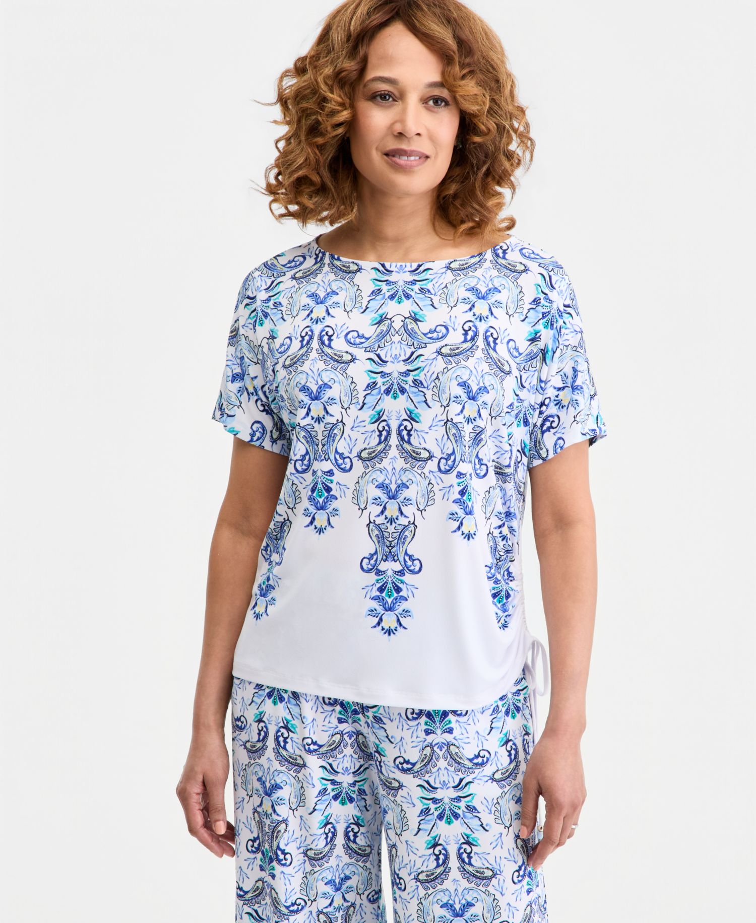 Women's Printed Side Ruched Boat-Neck Top