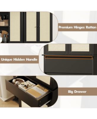 70" Rattan Pantry Cabinet, Pantry Storage Cabinet with 4 Doors, Freestanding Cupboard with 3 Adjustable Shelves