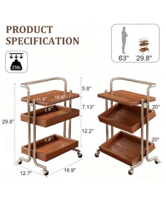 3-Tier Adjustable Storage Cart - Rubber Wood & Stainless Steel