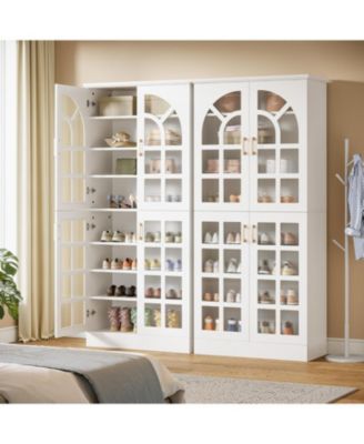 68.94" Tall Shoe Cabinet with Doors and Led Lights Set of 2, 8-Tier Wooden Shoe Rack Organizer with Adjustable Shelves