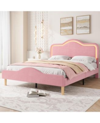 Queen Velvet Bed Frame with LED Headboard & Footboard, Princess Platform, Slat Support