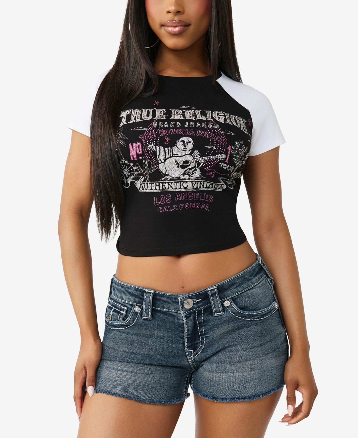 Женская футболка True Religion Contrast Raglan Baby T-Shirt, цвет: Чёрный / Белый — фото 2