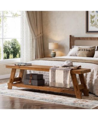 63" Solid Wood Bench, 2-Tier Shoe Rack, Farmhouse Entryway Bench with Storage Shelf, Kitchen Dining Bench