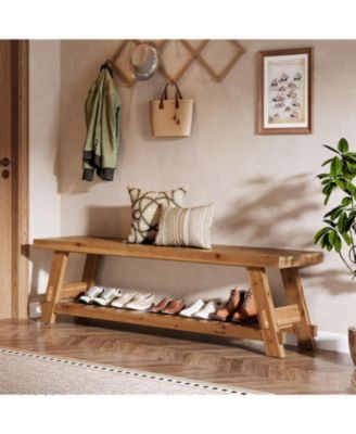 63" Solid Wood Bench, 2-Tier Shoe Rack, Farmhouse Entryway Bench with Storage Shelf, Kitchen Dining Bench