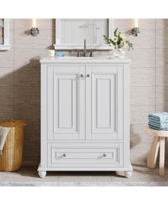 24" Modern Freestanding Solid Wood Bathroom Vanity with Ceramic Sink, Adjustable Shelf Storage, Soft-Close Cabinet & Drawer