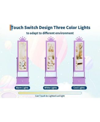 Kids Jewelry Armoire with Full-Length Mirror and LED Light, Child Jewelry Cabinet with 3 Storage Drawers