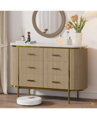 6 Drawer Wood Dresser TV Stand with Metal Handles & Curved Profile for Bedroom