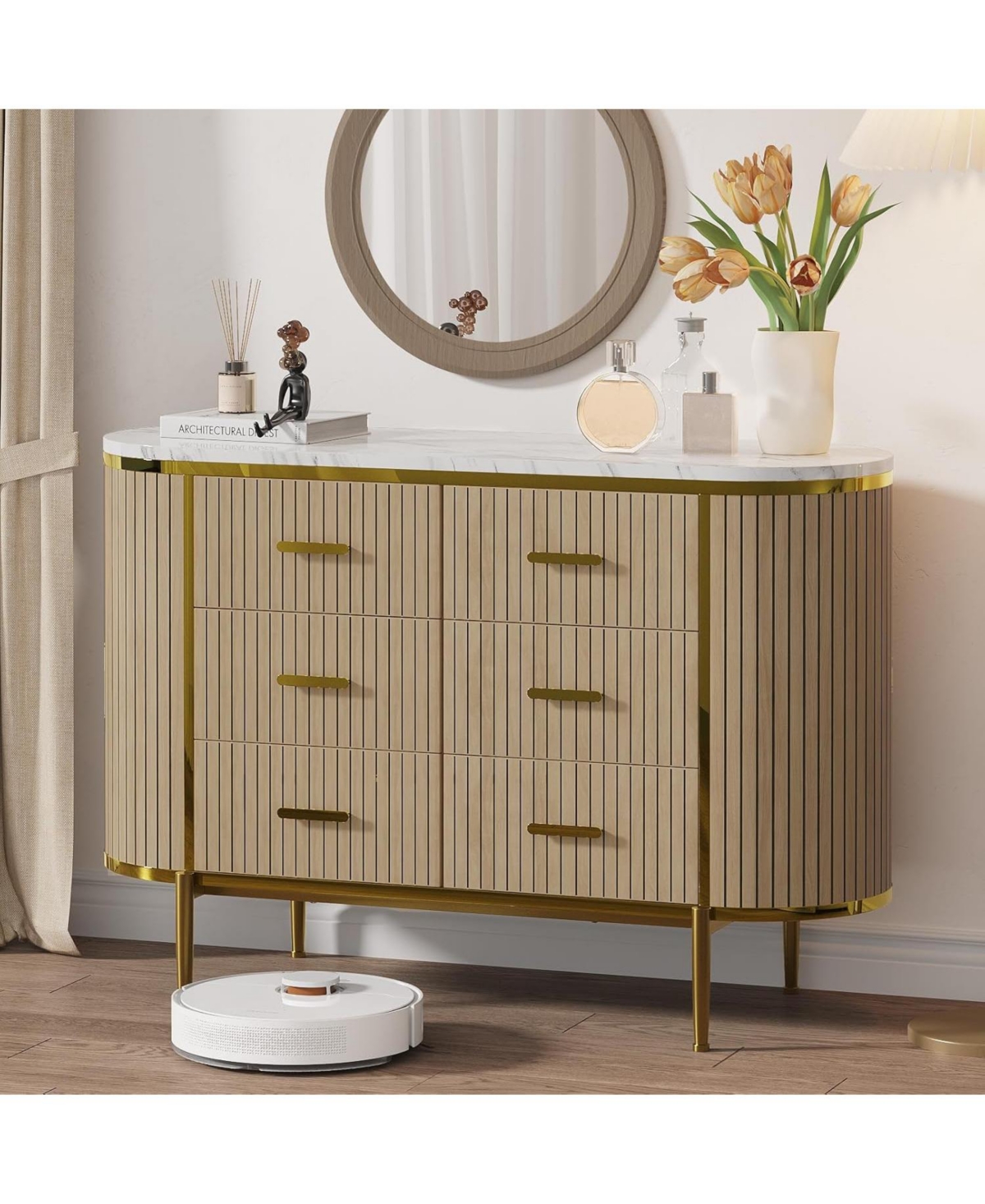 gaomon 6 Drawer Wood Dresser Tv Stand with Metal Handles & Curved Profile for Bedroom