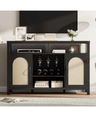 Rattan Buffet Cabinet with Storage Wine Bar Sideboard with Glass Holder Adjustable Shelves Coffee Bar