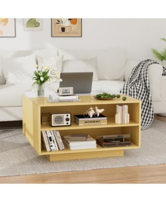 Lift Top Coffee Table with Storage - Fluted Wood Square Center Table with Open Storage, for Living Room, Home Office