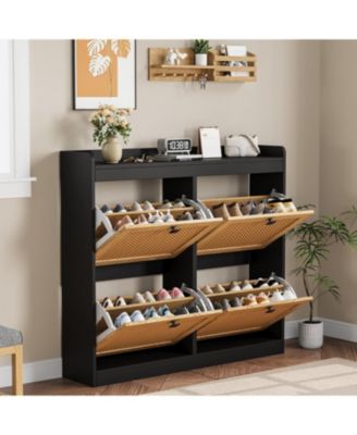 Shoe Cabinet with 4 Deep Flip Drawers, Base Freestanding Wooden Shoe Storage Cabinet with Rattan Door & 3 Tier Adjustable Shelves