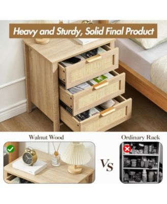 rattan nightstand with 3 drawers and a storage shelf, boho bedside table with sturdy wood legs, ideal for kids’ rooms or farmhouse bedrooms.