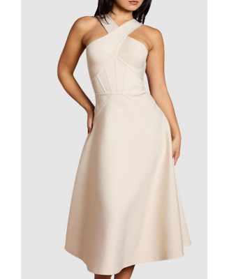 Women's Petite Bandage Cross Neck Midi Dress