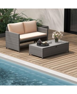 2 PCS Patio Loveseat w/ 31 Gal Multifunctional Storage Ottoman and Soft Cushions