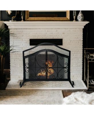 Iron Fireplace Screen 43 Inch with Scrollwork and Mesh Design