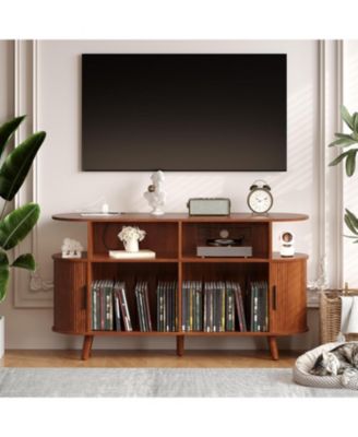 55" Fluted Mid-Century Modern Turntable Cabinet with Vinyl Storage & Round Record Stand