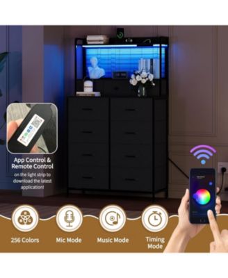 Rustic Dresser for Bedroom with Charging Station, App-Controlled RGB LED, Tall Dresser Storage Organizer with 11 Fabric Drawers