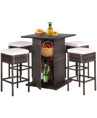 5PCS Patio Bar Set Rattan Bar Furniture Set w/ Table and 4 Cushioned Stools