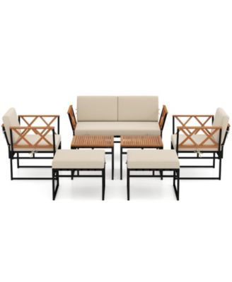 Set Of 7 Outdoor Conversation Set Acacia Wood Chairs and Coffee Tables Set w/Ottomans