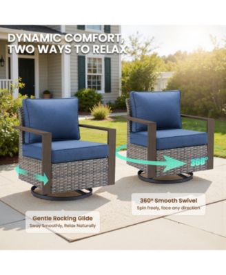 5 Pieces Patio Furniture Set, Rattan Wicker Outdoor, 4 Rattan Swivel Chairs w/30in Propane Fire Pit Table and Thickened Cushions