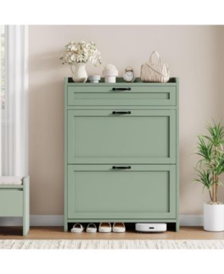 Shoe Cabinet with 2 Flip Drawers & 1 Top Drawer, High-Gloss Painted Wood Shoe Organizer with Adjustable Shelves