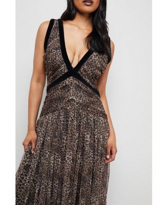 Women's Velvet Trim Leopard Tulle Maxi Dress