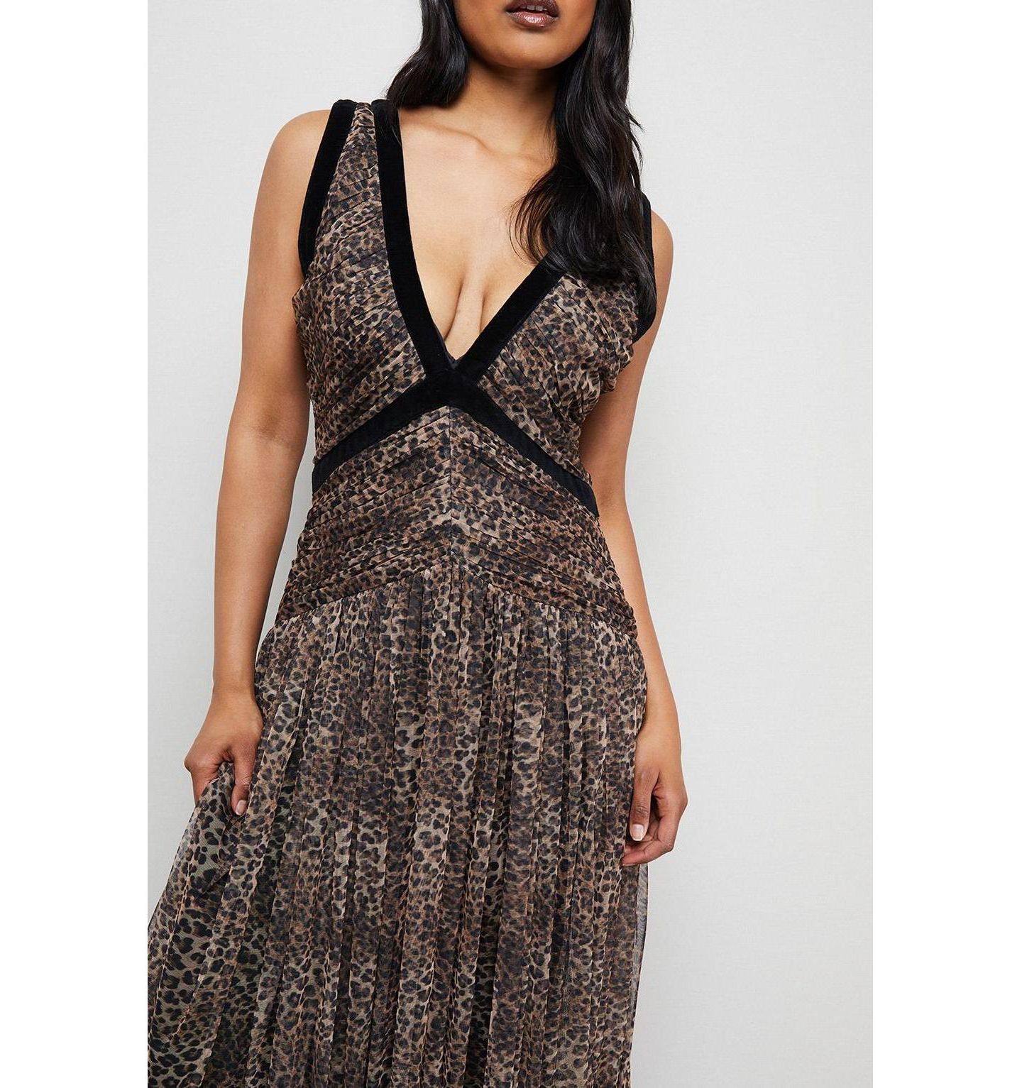 Женское платье Warehouse Velvet Trim Leopard Tulle Maxi, цвет: Анималистичный — фото 8