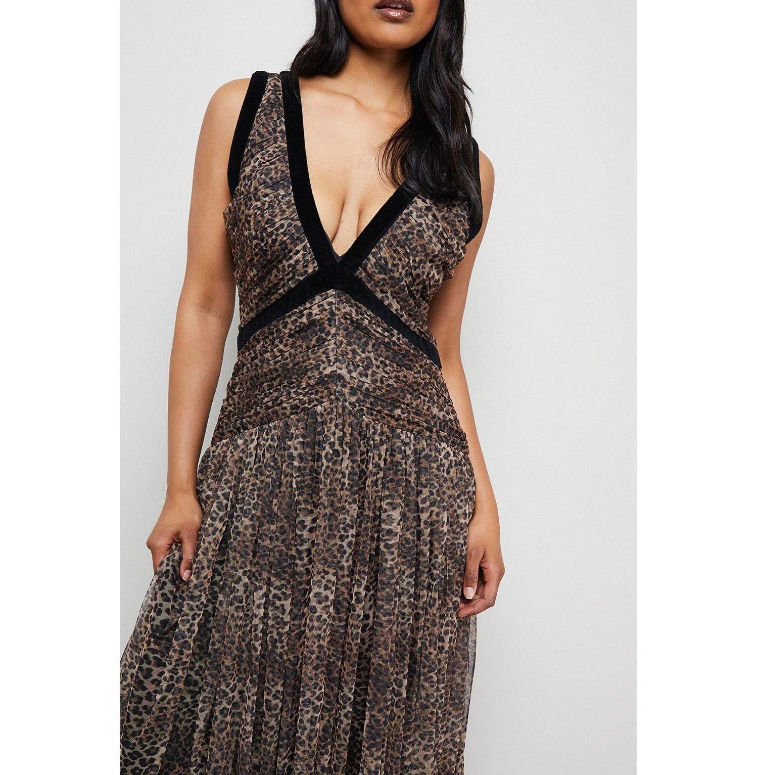 Women's Velvet Trim Leopard Tulle Maxi Dress