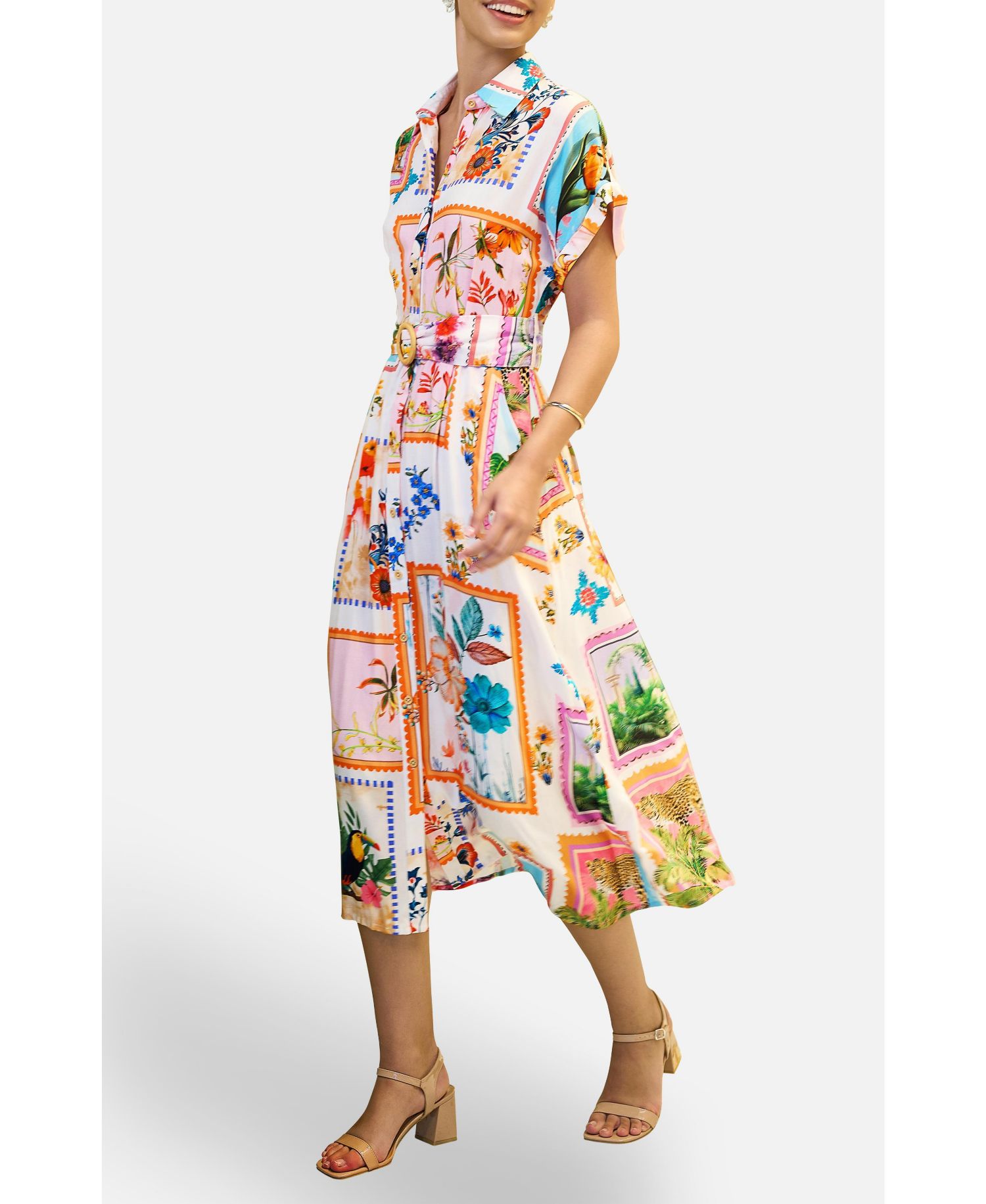 Women's Tropical Postcard Print Midi Shirt Dress