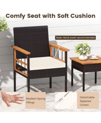 Set of 3 Wicker Furniture Set w/Acacia Wood Tabletop Armrests Cushions for Backyard