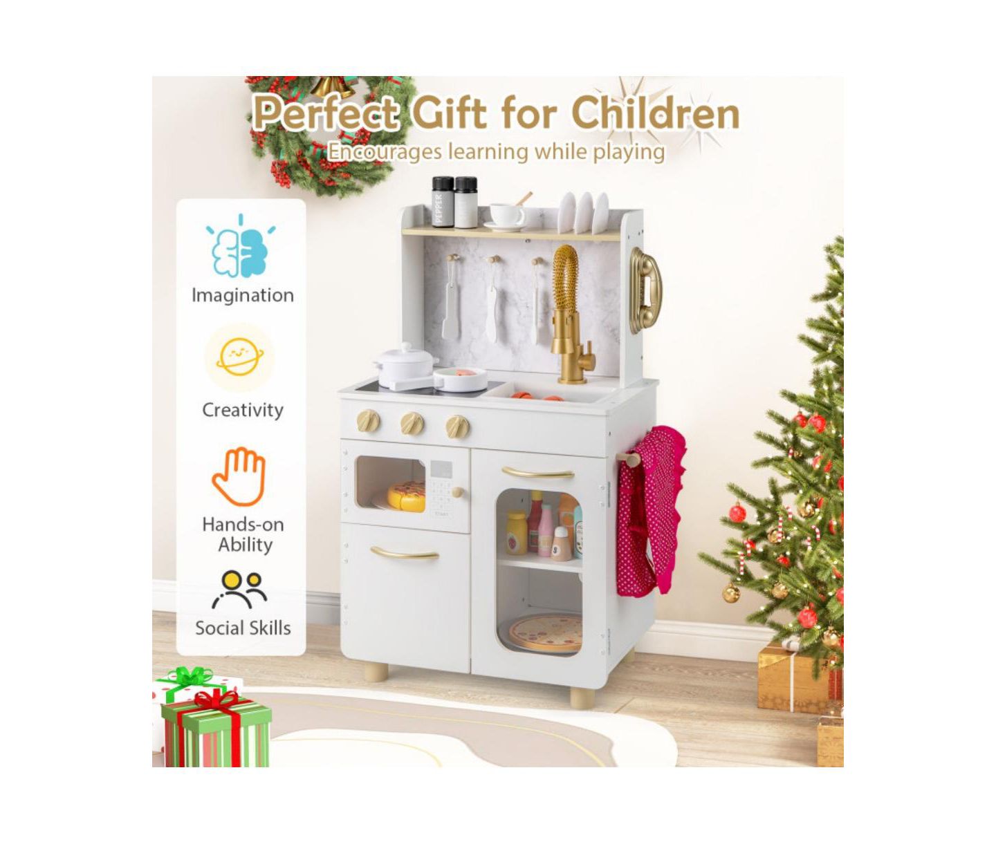 Детские игрушки HONGGE Kids Kitchen Set Pretend Play Kitchen with Stoves Faucet Sink Telephone Microwave and Oven, цвет: Белый — фото 5