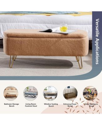Modern Storage Ottoman Bench - Oval Faux Fur Entryway Bench, End of Bed Bench with Gold Legs for Living Room, Bedroom