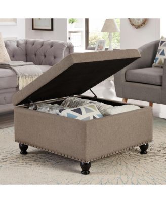 Square Storage Ottoman - Upholstered Button Tufted, wooden legs and Nail Trims for Living Room, Bedroom