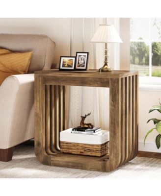 Side Table Set of 2, Farmhouse Narrow End Table with Slatted Open Frame, Wooden Rustic Accent Sofa Side Table