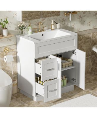 30" Modern White Bathroom Vanity with SMC Resin Sink, Soft Close Drawers & Adjustable Shelves for Small Spaces