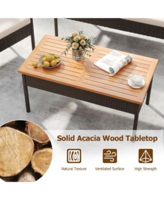 Set of 4 Wicker Furniture Set w/Acacia Wood Tabletop Armrests Cushions for Backyard