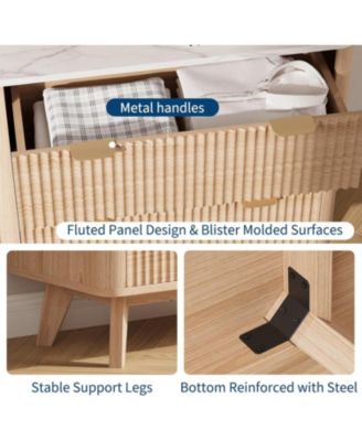 32" Width Fluted Nightstand Set of 2, Modern 3 Drawer Bedside Table with Faux Marble Top, Wood Chest of Bedside Table with Curved Profile