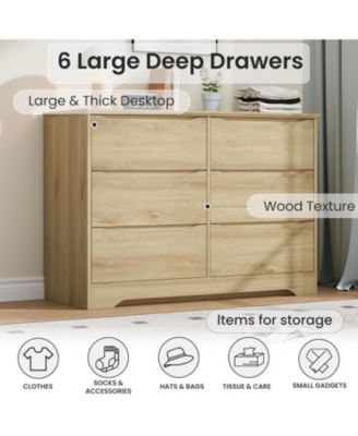 Wooden Dresser with 6 Drawers, Tall Modern Closet with Deep Storage, Large Chest of Drawers with Wide Top, Long Storage Dresser for Bedroom