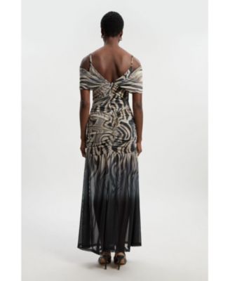 Women's Marble Print Mesh Plunge Maxi Dress