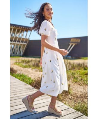 Women's Cotton Sunflower Embroidered Midi Dress