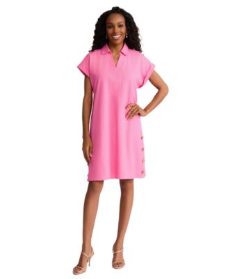Women's Short-Sleeve Collared Linen-Blend V-Neck Dress
