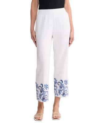 Women's Embroidered Linen-Blend Crop Pants