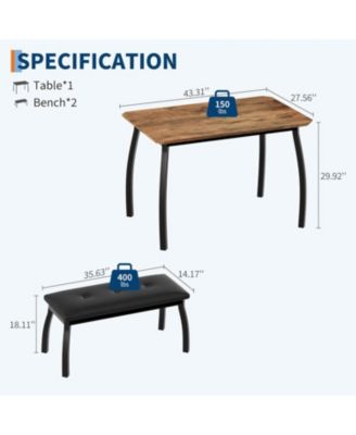 3-Piece Wooden Dining Table Set with 2 Upholstered Benches, Retro Brown