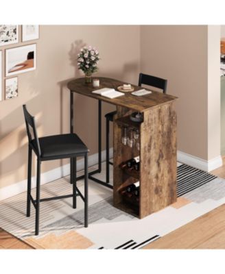 Bar Table and Chairs Set for 2, Vintage Pub Table w/Triple-Tier Wine Rack & Glass Holder, Velvet Seats for Small Spaces